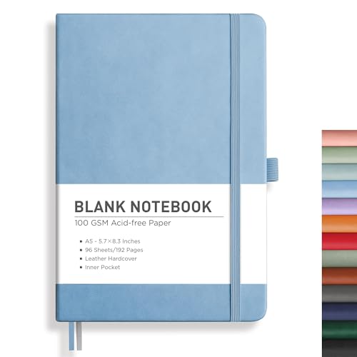 RETTACY Blank Journal Notebook, 192 Pages, A5 Medium Size (5.7'' x 8.3''), Leather Hardcover, 100 GSM Thick Paper, for Sketching, Drawing, Painting (Light Blue) - color: Light Blue, style: Plain