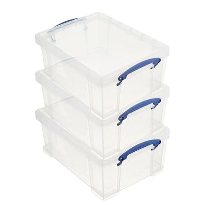 Really Useful Box Stackable 9 Liter Plastic Storage Container Bin with Snap Lid and Built-in Clip Lock Handles for Home & Office Organization (3 Pack)