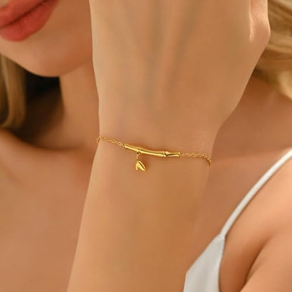 18K Gold Plated Hand Chain Bracelets for Women, Dainty Cubic Zirconia, Heart, Beads, Bamboo Link Charm Bracelet, Trendy Adjustable Finger Ring Bracelet, Hand Chain Jewelry, Christmas Gifts - style: Bamboo