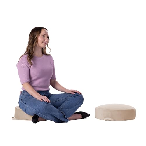 Factory Direct Partners FDP Overstuffed 16 inch Round Velvety and Vinyl Floor Cushions with Handles Flexible Seating for Home, Lounge, Yoga Studio, Deluxe Foam (2-Piece) - Beige - color: Beige