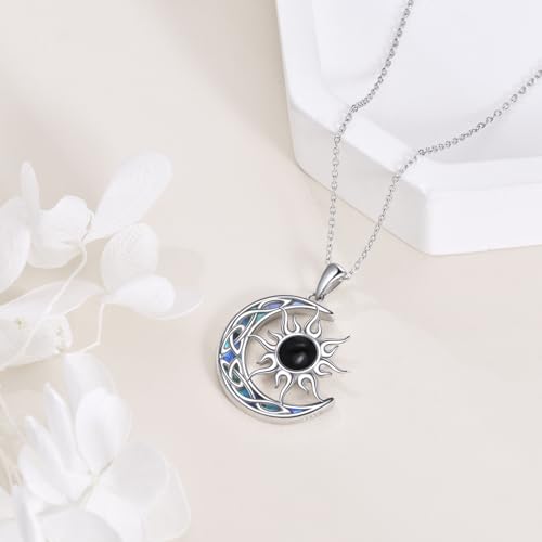 Sun and Moon Necklace for Women 925 Sterling Silver Celtic Crescent Moon Pendant Blue Opal/White Opal/Abelone Shell/Labradorite/Moonstone Jewelry Gift for Teen Girls - color: black onyx sun