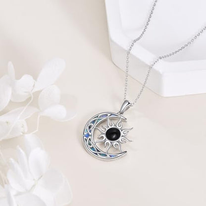 Sun and Moon Necklace for Women 925 Sterling Silver Celtic Crescent Moon Pendant Blue Opal/White Opal/Abelone Shell/Labradorite/Moonstone Jewelry Gift for Teen Girls - color: black onyx sun