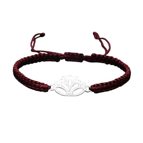 Lotus Symbol Bracelet for Women - Adjustable Cord, Silver Pendant, Spiritual Jewelry Gift - style: Garnet Red
