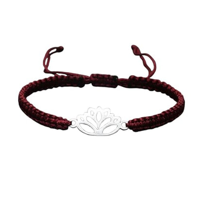 Lotus Symbol Bracelet for Women - Adjustable Cord, Silver Pendant, Spiritual Jewelry Gift - style: Garnet Red