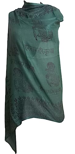 KVR Hindu Pooja Religious Cotton Indian prayer scarf with OM Krishna Ganesha Shiva Nataraja yoga spiritual auspicious prints - color: Green-krishna