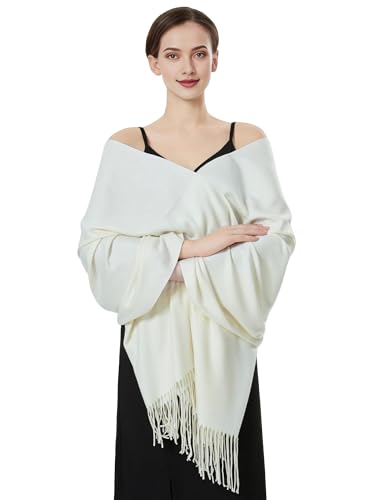 Luxurious Pashmina Feel Scarf & Shawl - Soft Solid Color Wrap for Weddings, Evening Dresses, Gifts - color: . Off Whtie