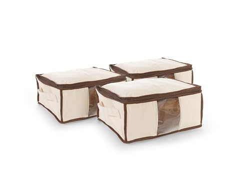 Covermates Canvas Storage Bag for Blankets, Clothes & Décor, 100% Cotton Breathable Fabric, Clear ID Window, Dual Zipper Closure, Carry Handles, Closet Organization, Natural - size: 13W x 13D x 6.5H - 3 PIECE SET
