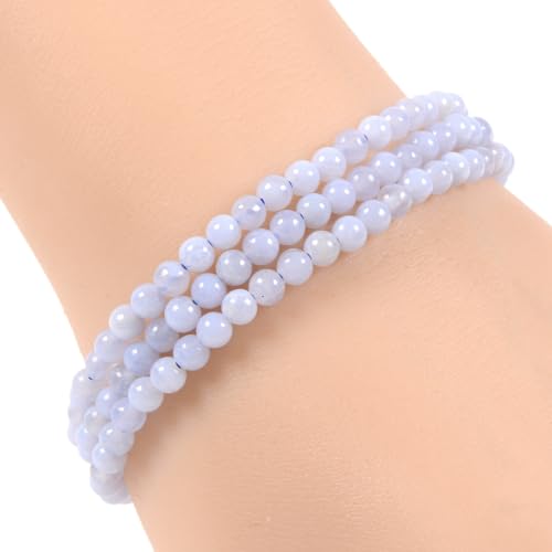 Justinstones Gem Semi Precious Gemstone 3pcs 4mm Round Beads Stretch Bracelet 6.5 Inch Unisex - color: Blue Lace Agate