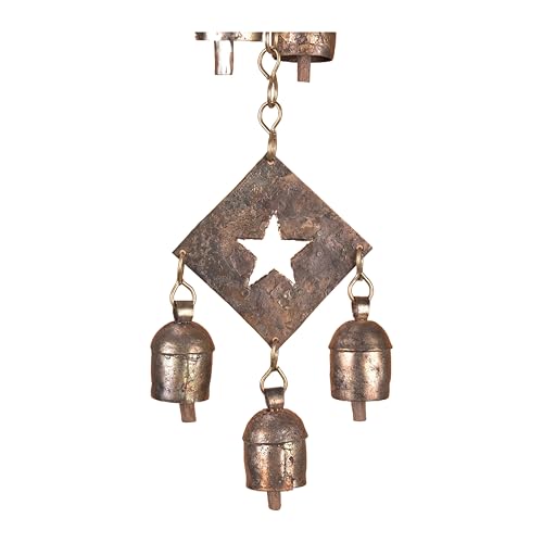 Rustic Metal Wind Chime – Triple Diamond Star Cutouts with Bells – Bronze Outdoor Garden Decor – Wind Chimes for Outside, Porch, Yard, Balcony, Memorial or Garden Gift 19 x 4.5 Inch