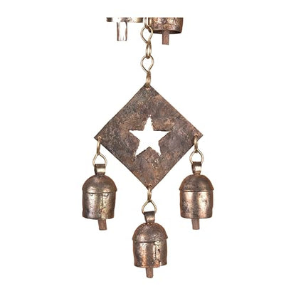 Rustic Metal Wind Chime – Triple Diamond Star Cutouts with Bells – Bronze Outdoor Garden Decor – Wind Chimes for Outside, Porch, Yard, Balcony, Memorial or Garden Gift 19 x 4.5 Inch