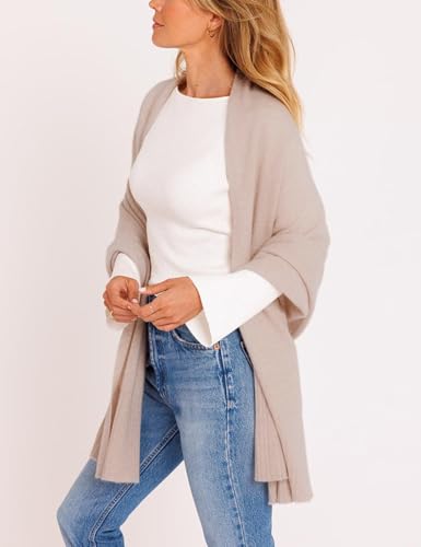 EsheSy Women's Shawl Wrap Open Front Poncho Sweater Ribbed Hem Loose Shrug Cardigan Scarf Travel Cover ups - color: Apricot