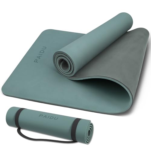 PAIDU Yoga Mat Non Slip Anti-tear,extra thick-2/5 inch（10MM）High Resiliency Professional POE Yoga Mats for Women Men Kids,72"x24"inch,Workout, Yoga, Pilates and Floor Exercise, with Carrier Strap - color: Deep green+Gray.