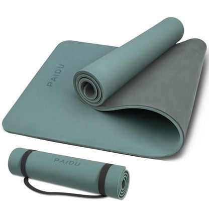 PAIDU Yoga Mat Non Slip Anti-tear,extra thick-2/5 inch（10MM）High Resiliency Professional POE Yoga Mats for Women Men Kids,72"x24"inch,Workout, Yoga, Pilates and Floor Exercise, with Carrier Strap - color: Deep green+Gray.