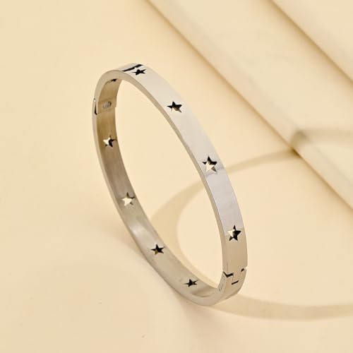 Gold Bangle for Women - 18K Gold Plated Stainless Steel Love Friendship Crystal Bracelets with Cubic Zirconia - color: star bangle - silver