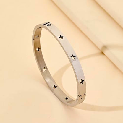 Gold Bangle for Women - 18K Gold Plated Stainless Steel Love Friendship Crystal Bracelets with Cubic Zirconia - color: star bangle - silver
