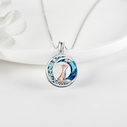 Sterling Silver Cute Animal Pendant Necklace Fox/Snake/Unicorn/Owl on Moon/Rabbit/Horse Necklace Jewelry for Women Mom Sister - style: Fox Blue Crystal