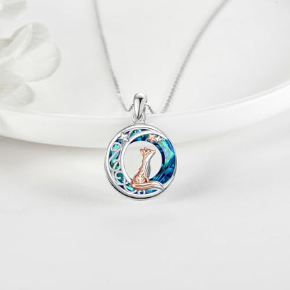 Sterling Silver Cute Animal Pendant Necklace Fox/Snake/Unicorn/Owl on Moon/Rabbit/Horse Necklace Jewelry for Women Mom Sister - style: Fox Blue Crystal