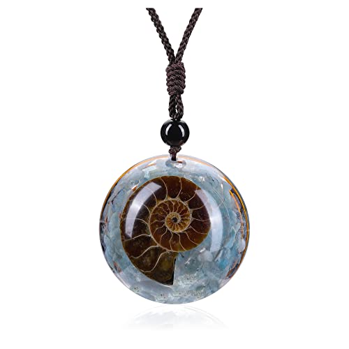 Jovivi 7 Chakra Gemstone Reki Healing Crystal Necklace Round Circle Shape Ammonite Fossil Resin Chip Stones Pendant Necklace for Women Men Life Tree Jewelry Christmas Gifts - color: Ammonite Fossil - Aquamarine