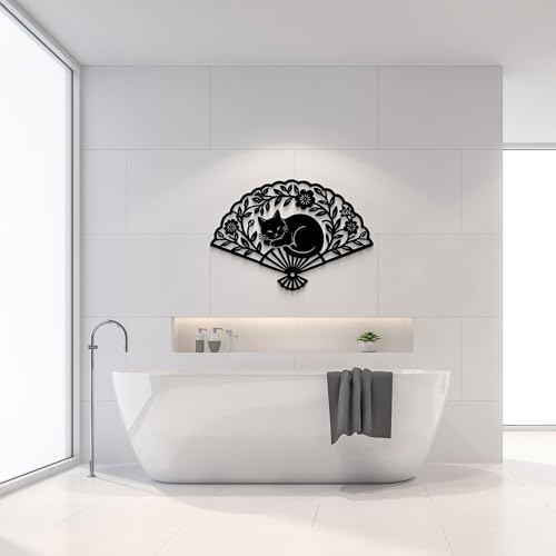 GlintHome Bedroom Wall Art - Black Metal Fan Sleeping Cat Wall Decor Wall Sculpture artwork for Cats Lover Minimalist Room Living Room Bathroom Office - color: Black-3, size: Small