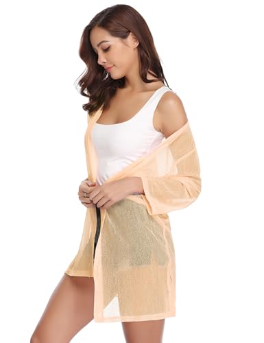 iClosam Women Casual 3/4 Sleeve Sheer Open Front Cardigan Sweater Kimono - color: Beige, size: Small