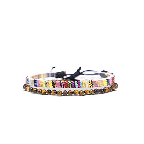 Made by Nami 2 Pcs Boho Surfer Bracelets for Men and Women Waterproof and Adjustable Beach Bracelets for Men and Women Set of 2 Beaded & Braided - color: Tiger-Eyes & Yellow