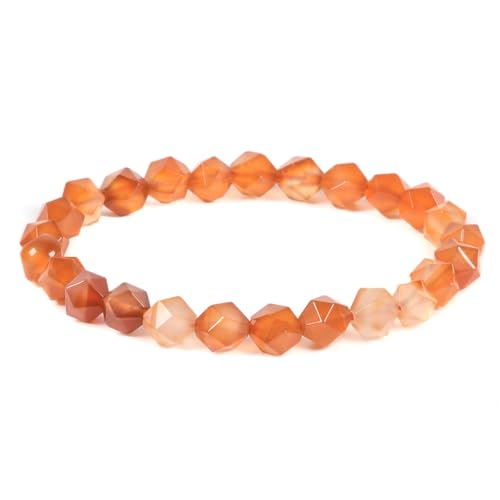 Justinstones 8mm Natural Gemstone Round Beads Triangle Faceted Charm Stretch Bracelet 6.5" - color: Red Orange Agate
