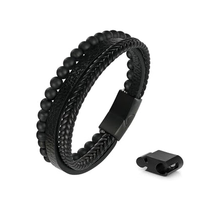 FOCOOG Leather Bead Bracelets for Men, Natural Tiger Eye Lava Rock Stone Bead Magnetic Clasp Adjustable Leather Bracelets Stress Relief Mens Anxiety Bracelet Mens Jewelry Gifts - style: Black Leather-Matte Agate Bead