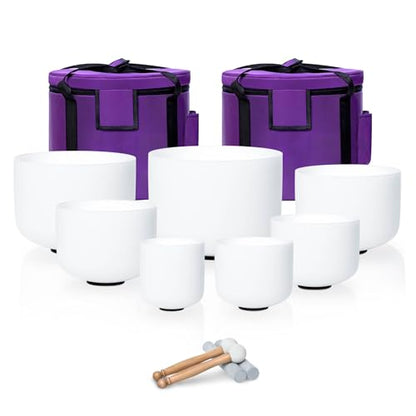 6-12inch White 432hz Quartz Crystal Singing Bowls Set of 7, for Healing Mindfulness Meditation Yoga Sound Baths with Case Mallet Suede Striker - color: White Singing Bowls, size: 6-12 inch A-G Note 432hz
