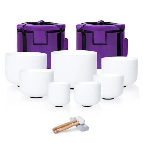 6-12inch White 432hz Quartz Crystal Singing Bowls Set of 7, for Healing Mindfulness Meditation Yoga Sound Baths with Case Mallet Suede Striker - color: White Singing Bowls, size: 6-12 inch A-G Note 432hz