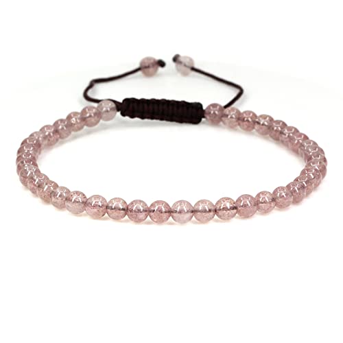 Keleny Natural Gemtones 4mm Round Beads Crystal Adjustable Braided Macrame Tassels Bracelets Unisex - color: Red Strawberry Quartz