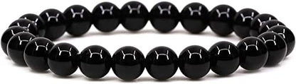 Amandastone Natural Gemstone 8mm Round Beads Stretch Bracelet 7 Inch - color: Black Tourmaline