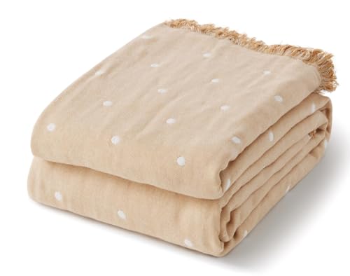 100% Cotton Boho Throw Blanket for Home Decor – Classic Farmhouse Quilt Bedding, Muslin Blankets for Adults, Vintage Woven Decorative Blanket for Couch, Bed Layering Use, Classic Dotted, 90"x90" - color: 4 - Beige Dots, size: Queen(90 x 90 Inch)