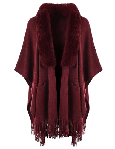 Ferand Shawl Wraps for Women, Cozy Lightweight Poncho Cape with Pockets, Warm for Fall Winter Travel - color: Dark Red With Faux Fur Collar