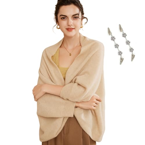 Fuxiqar Wrap Sweater for Women Warm Shawl Blanket Scarf with Sleeves Poncho Pashmina Shall with Two Shawl Clips - color: Khaki