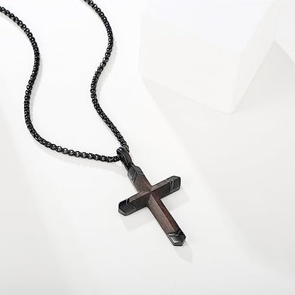 Wooden Cross Necklace for Men, Real Ebony Inset In Black Stainless Steel Christian Wood Crucifix Pendant, Adjustable Necklace 24+2" Box Chain - color: Ebony Cross Necklace