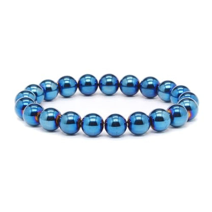 Justinstones Gem Semi Precious Gemstone 10mm Round Beads Stretch Bracelet 7 Inch Unisex - color: Metallic Blue Coated Hematite