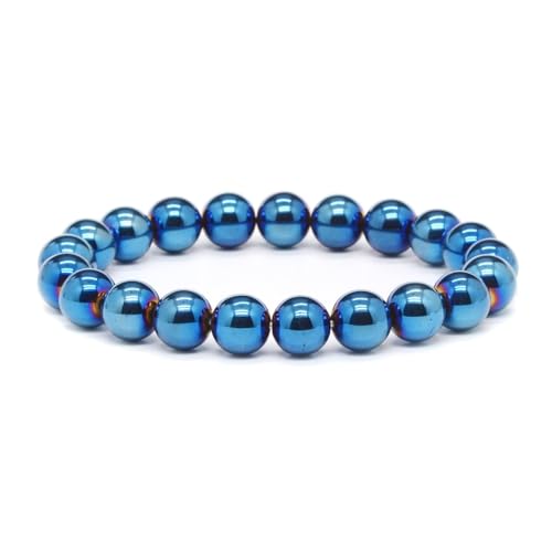 Justinstones Gem Semi Precious Gemstone 10mm Round Beads Stretch Bracelet 7 Inch Unisex - color: Metallic Blue Coated Hematite