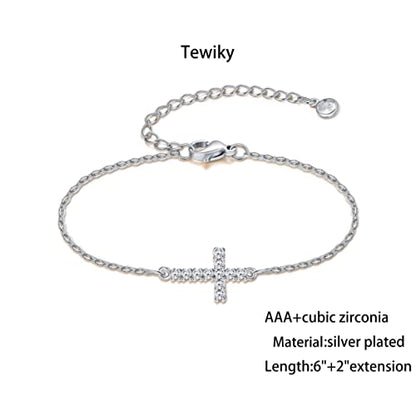Tewiky Waterproof Gold Bracelets for Women Non Tarnish - Dainty Stack 14K Gold Plated/Sterling Silver Chain Bracelets Set Adjustable Trendy Jewelry for Women - style: silver CZ cross bracelet