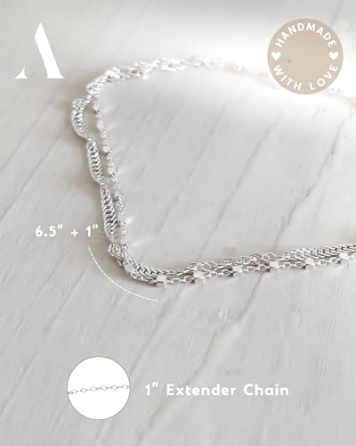 Double Stranded Sterling Silver Bracelet for Women, Dainty Waterproof Chain Bracelet for Women, Teen (Twirl & Satellite Chains)