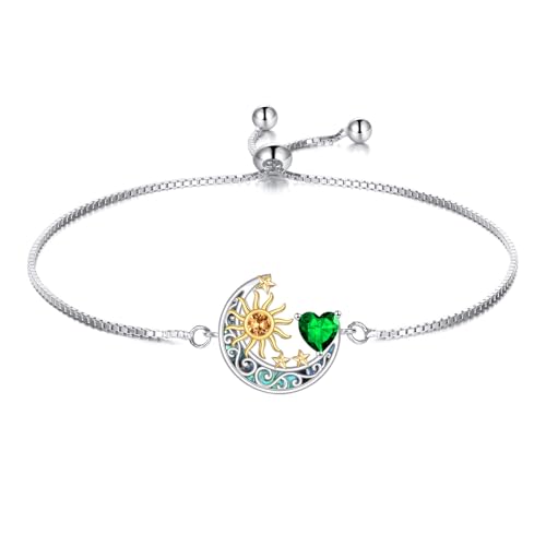 925 Sterling Silver Moon and Sun Star Adjustable Link Bracelet for Women with 12 Month Birthstone Birthday Jewelry - style: 05 - May