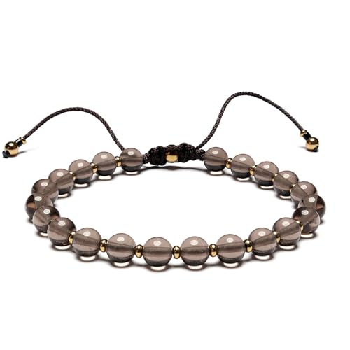 Men’s Beaded Bracelet Adjustable, Natural Texture Beads with Stainless Steel Spacers, Braided Cord, Minimal Everyday Bracelet for Men & Women - color: Smoky Black 6mm