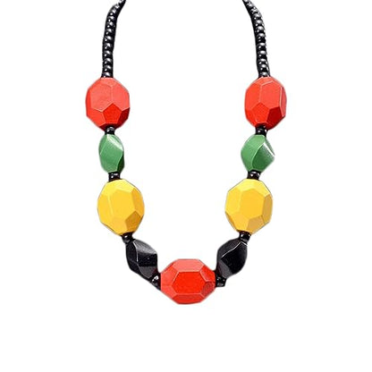 COLORFUL BLING Ethnic Natural Wood Beads Necklace for Men Women Africa Wooden Chain Chunky Strand Necklace Statement Hip Hop Jewelry - color: mix red yellow