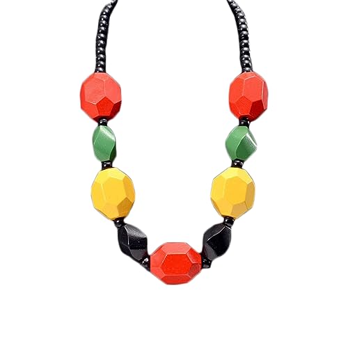 COLORFUL BLING Ethnic Natural Wood Beads Necklace for Men Women Africa Wooden Chain Chunky Strand Necklace Statement Hip Hop Jewelry - color: mix red yellow