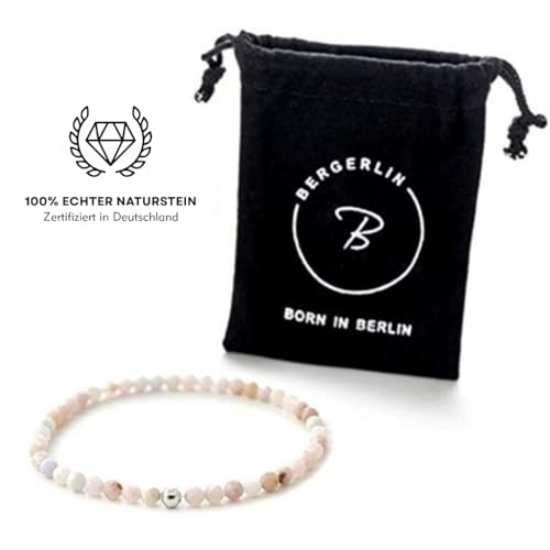 BERGERLIN Real natural stone bracelet - Tested and certified in Germany - Genuine bracelets with 925 Sterling silver pearl and faceted pearls - color: Opal pink, size: Medium