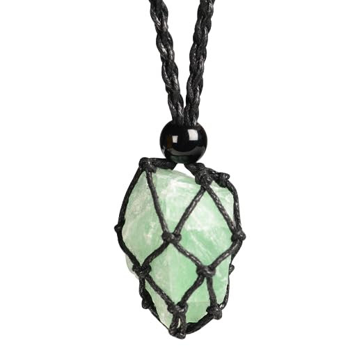 Natural unprocessed crystal raw stone hand woven rope adjustable necklace pendant for both men and women - color: Green Fluorite
