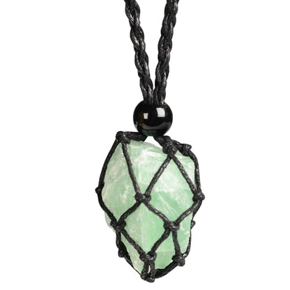 Natural unprocessed crystal raw stone hand woven rope adjustable necklace pendant for both men and women - color: Green Fluorite