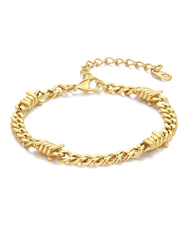 Bandmax Barbed Wire Chain Bracelets for Men Women Stainless Steel/Black/Gold Thorn Cuban Link Bracelet Adjustable Punk Emo Style Jewelry Gift - color: 06 5MM-Gold Plated