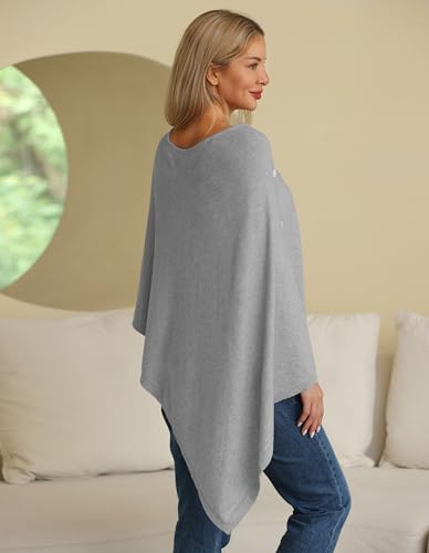 PULI Women's Versatile Knitted Shawls Scarf Poncho Sweater with Buttons Lightweight Spring Summer Fall Wraps - color: Round Neck-grey