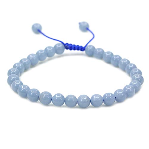 Angelstones Handmade Gemstone 6mm Round Beads Adjustable Braided Macrame Tassels Chakra Reiki Bracelets 7-9 inch Unisex - color: Blue Angelite