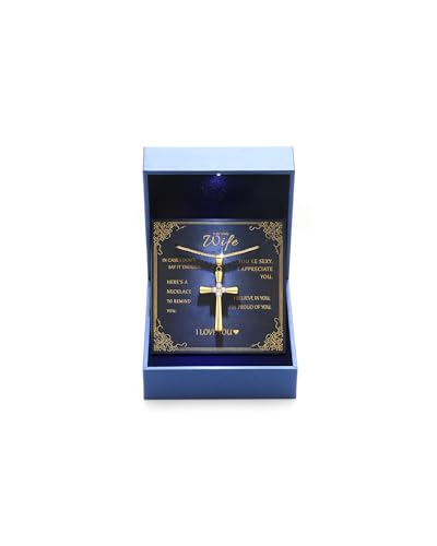 1CT Moissanite Cross Necklace for Women Wife, 18K Gold Filled or Sterling Silver Cross Pendant Chain Jewelry,Anniversary Birthday Gifts for Women Wife Her with LED Light-Up Gift Box and Gift Card - style: Gold-To My Lovely Wife Card